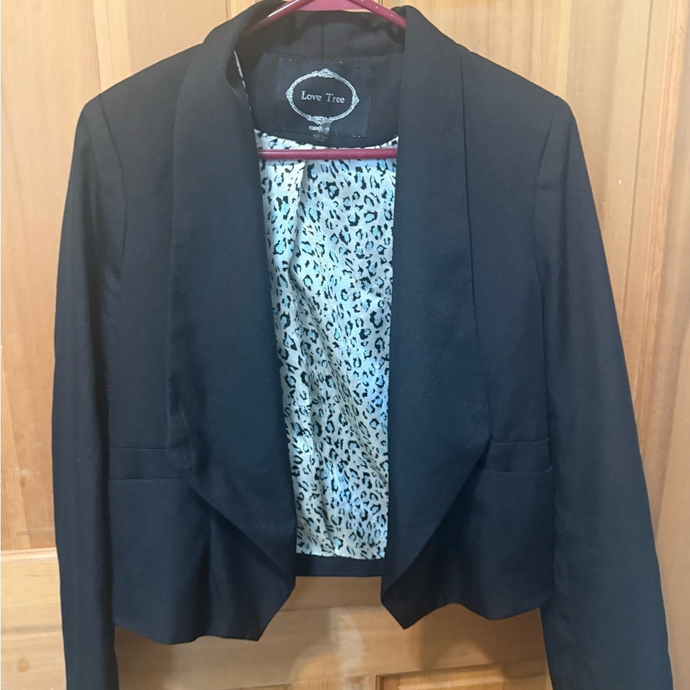 Love Tree Black Cropped Open-Front Blazer with Leopard Print Lining Size Med